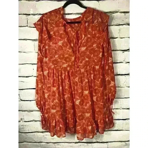 Free People Womens Size Small Orange Long Sleeve Ruffled Hem Shirt Boho - Picture 1 of 4